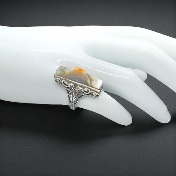 Vintage Art Deco Sterling Rectangular Abalone Blister Pearl Ring - Picture 3 of 14